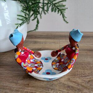 African pottery Zizamele ceramics trinket dish with two ladies.